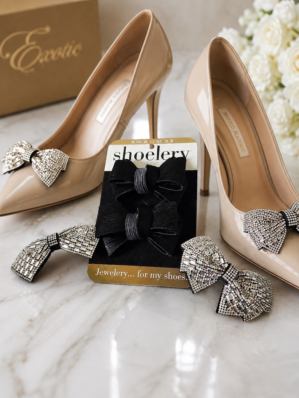 Nude Patent Leather High Heels with Crystal Bow Accents